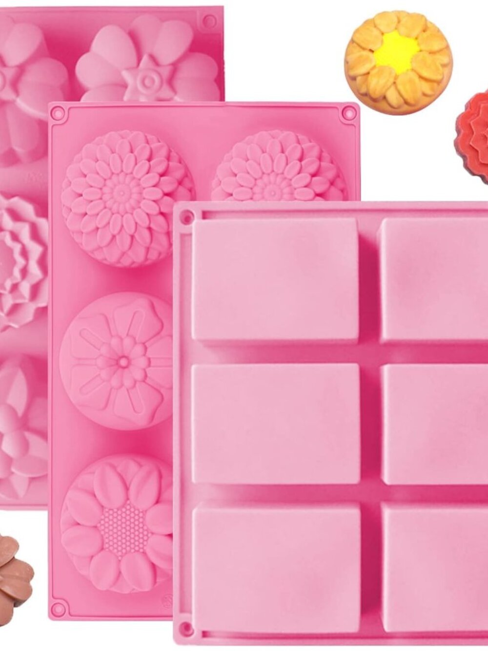 3 Pack Silicone Soap Molds, 6 Cavities Flower Making Mold, Included Rectangle Sh